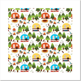 Campsite with caravans, campfire, camping chairs, trees, carpet, birds. Camping in the forest. Campground. RV. Camp night. Big scale. Posters and Art